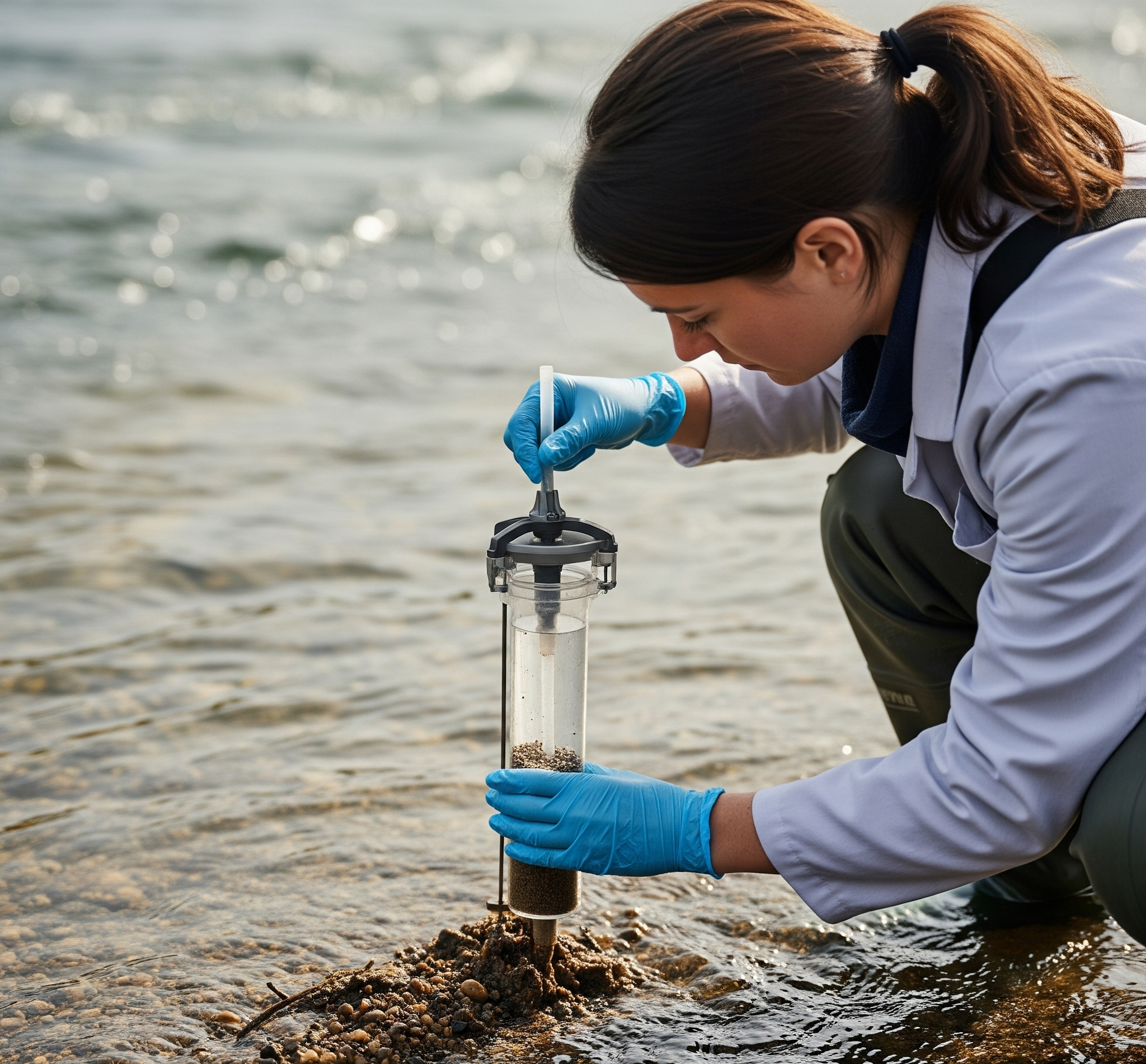 Prélèvement d'échantillons de sédiments dans une rivière